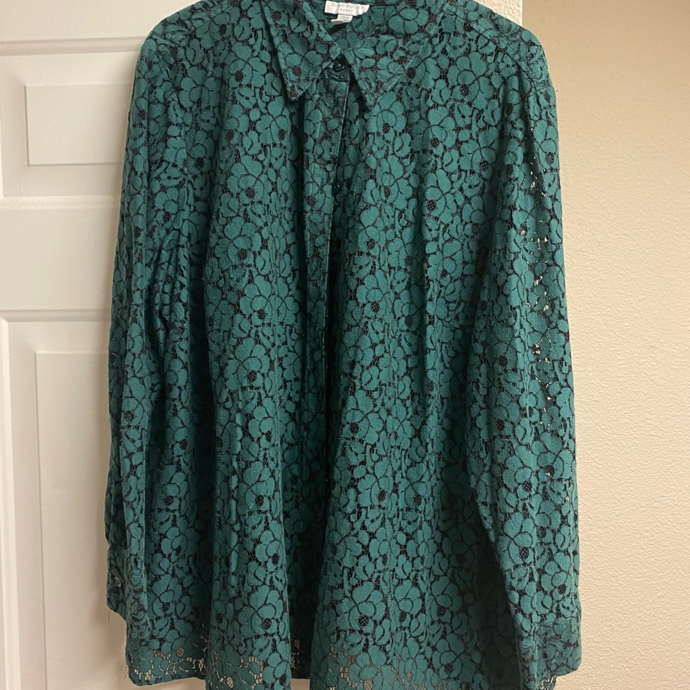 CHARTER CLUB WOMAN 24W Lace Teal Collared Button-Up Top